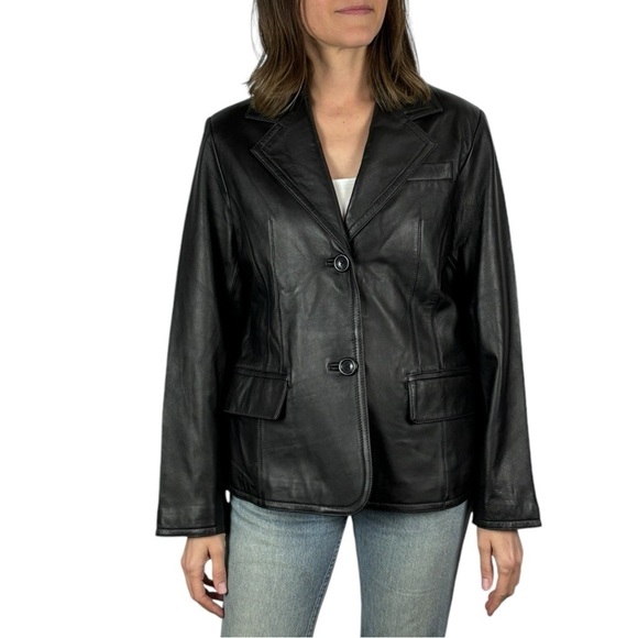 VINTAGE 90S RELATIVITY BLACK LEATHER NOTCHED COLLAR BUTTON DOWN BLAZER JACKET - Picture 2 of 14